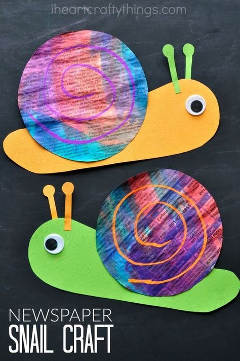 Paint newspaper with watercolors and then turn it into this bright and colorful newspaper snail craft for kids. It is such a happy and cheerful craft and makes a perfect spring kids craft or summer kids craft. Tk Crafts, Garden Crafts For Kids, Snail Craft, Insect Crafts, Bug Crafts, Plant Crafts, Spring Crafts For Kids, Summer Crafts For Kids, Owl Crafts