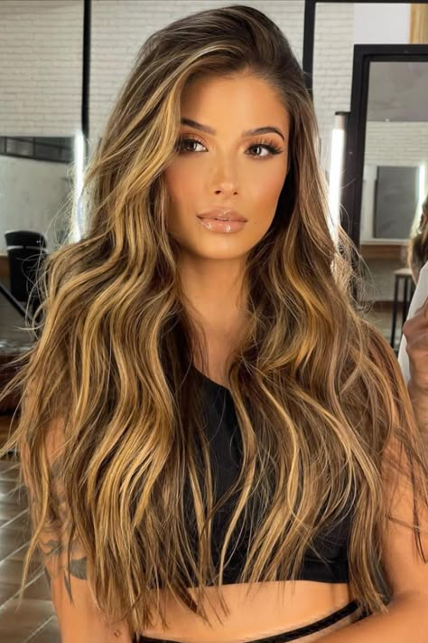 Warm Caramel Balayage, 20 Inch Hair, Sunkissed Highlights, 20 Inch Hair Extensions, Hair Shade, Brunette Hair With Highlights, Long Hair Color, Brown Hair With Highlights, Clip In Hair