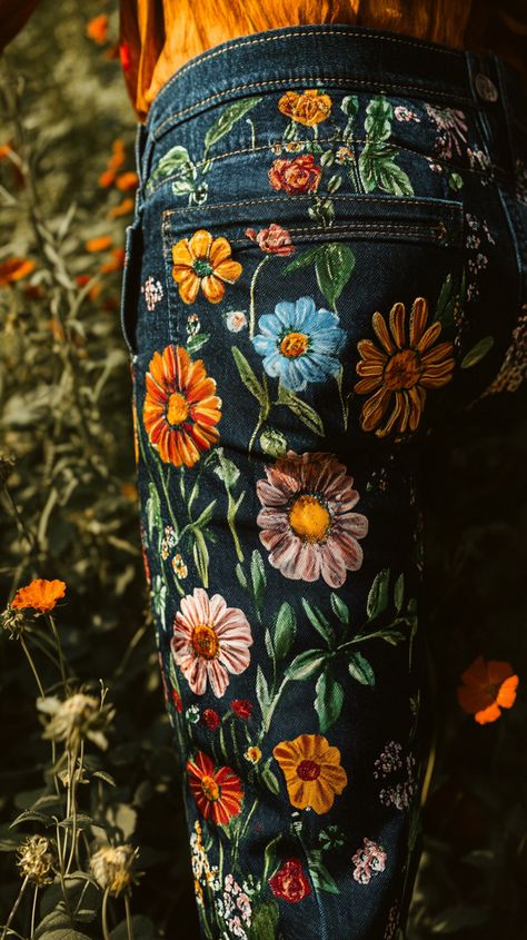 Custom hand-painted jeans featuring vibrant floral designs, shot in soft natural light with a Canon EOS R5 and RF 50mm f/1.2L lens for sharp detail and rich colors. Floral Painted Jeans, Embroidered Jeans Outfit, Upcycle Clothes Diy, Hand Painted Clothing, Pen Art Drawings, Painted Jeans, Shirt Art, Clothes Diy, Artistic Style