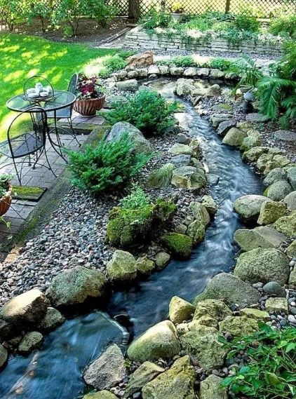 40 Artificial River Ideas for a Calming Yard Atmosphere - Matchness.com Landscape Pond Ideas, Front Yard Ponds Ideas, Natural Stream Landscaping, Water Feature With Rocks, Inground Garden Ideas, Shallow Water Feature, Garden Streams And Ponds, Man Made Stream In Yard, Backyard River Pond