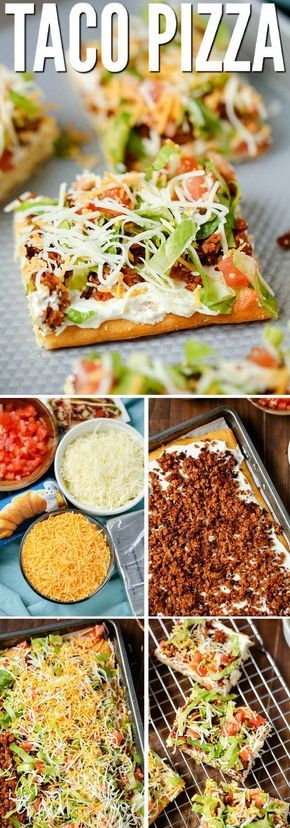 Taco Pizza is an easy family dinner (you can even make it the night before) or a tasty appetizer. Kids love this recipe and the cream cheese/sour cream “sauce” and spicy taco flavor are a hit with adults too. Easy Taco Pizza, Pizza Taco, Taco Pizza Recipes, Easy Family Dinner, Pizza Shop, Sour Cream Sauce, Taco Pizza, Easy Family Dinners, Think Food