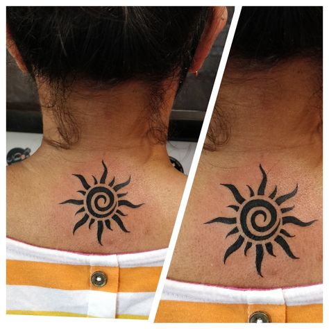 Spiral Sun Tattoo Meaning, Neck Sun Tattoo, Tattoo On Back Neck, Sun Tattoo On Back, Spiral Sun Tattoo, Sun Tattoo Meaning, Back Ear Tattoo, Feather Tattoo Black, Tattoo Indian