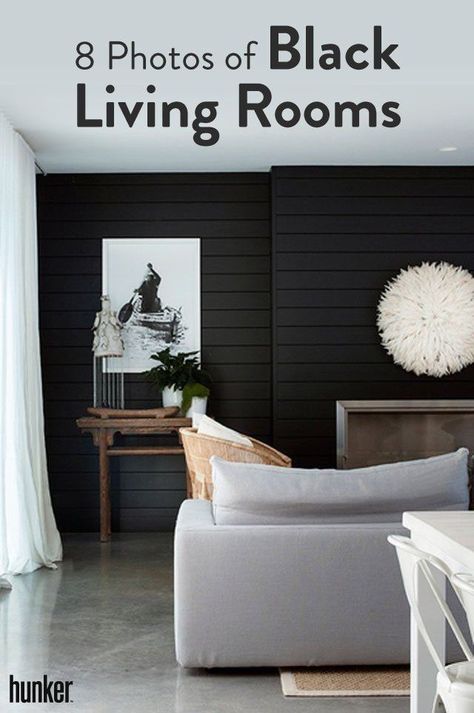 Whether you're looking for a high-contrast, black-and-white effect or you're longing for a moody, old-world vibe, consider choosing this ultra-deep hue for your next living room makeover. For example, Joanna Gaines would give a sophisticated shiplap upgrade her stamp of approval! Next Living Room, Villa Architecture, Black Feature Wall, Black Accent Walls, Black And White Living Room, Shabby Chic Home Decor, Minimal Interior, Shabby Chic Home, Black Living Room