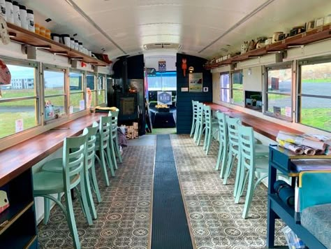 Rv Coffee Shop, Camper Coffee Shop, Food Truck With Seating, Repurposed School Bus, School Bus Food Truck Conversion, Restaurant On Wheels, Tiny House Coffee Shop, School Bus Office, School Bus Converted To Food Truck