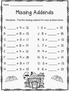 Free October Printables--Missing Addends--great math sheet for first or second grade---free math printable Halloween Second Grade, Missing Addends Second Grade, Worksheets For 3rd Grade Free Printable, Free October Printables, Grade 1 Maths, October Printables, Halloween Worksheet, October Math, Missing Addends