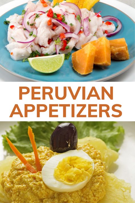 Peruvian starters Peruvian Appetizers, Central American Food, South American Dishes, Peruvian Dishes, Potato Appetizers, South American Recipes, Ceviche Recipe, Peruvian Cuisine, Peruvian Food