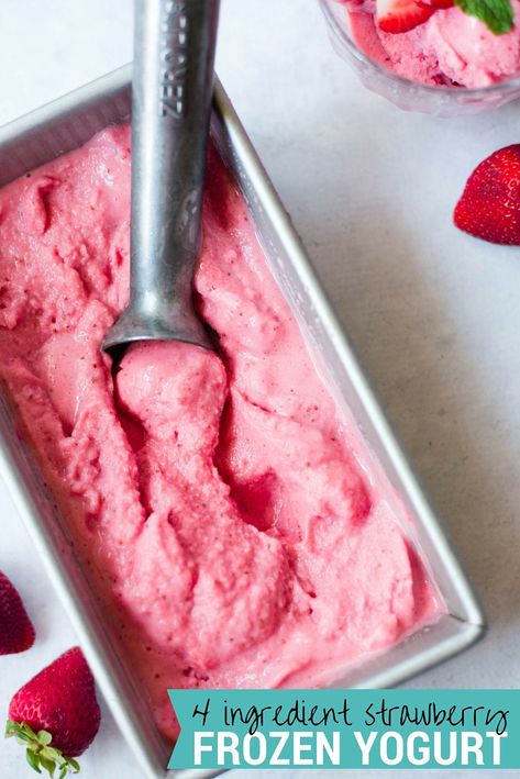 4 Ingredient Strawberry Frozen Yogurt | How to make healthy strawberry frozen yogurt that seriously takes just 4 simple ingredients and no ice cream machine required! | A Sweet Pea Chef Pineapple Sherbet Recipe, Homemade Frozen Yogurt Recipes, Vanilla Chia Seed Pudding, Homemade Frozen Yogurt, Strawberry Frozen Yogurt, Sherbet Recipes, Frozen Yogurt Recipes, Healthy Strawberry, Guilt Free Dessert