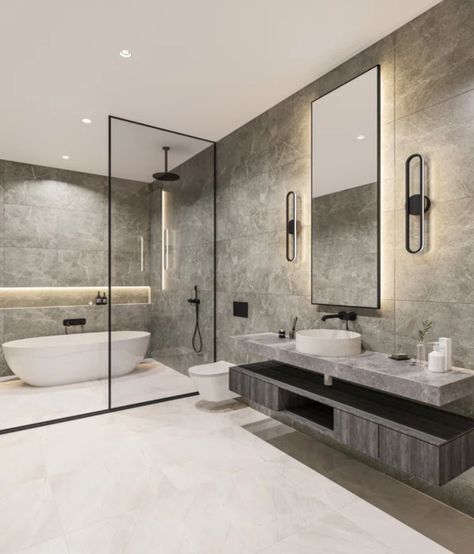 Luxury Bathroom Master Baths Modern, Closet And Bathroom Combo, Vanity Lights Bathroom, Modern Small Bathrooms, Black Vanity Light, Bathroom Inspiration Decor, Light Vanity, Led Vanity, Contemporary Bathrooms