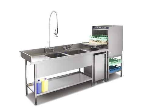 Double bowl pot wash sink and commercial dishwasher combination suitable for small commercial kitchens Small Commercial Kitchen, Kitchen Design Software, Restaurant Kitchen Design, Wash Sink, Catering Kitchen, Commercial Kitchen Design, Commercial Kitchen Equipment, Commercial Dishwasher, Kitchen Pot