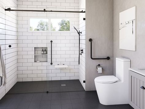 Designing for disability has become paramount for the architecture and design industry in order to create inclusive spaces, environments and products. Disabled Wet Room, Accessible Bathroom Design, Disabled Bathroom, Accessible Design, Accessible Bathroom, Wet Room, Bathroom Solutions, Hybrid Design, Frameless Shower