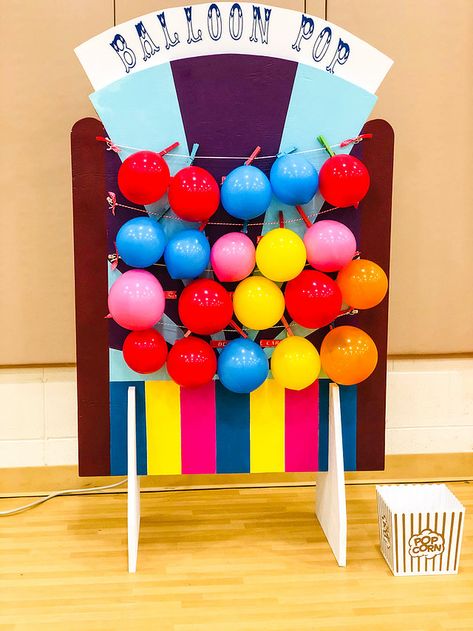 How To Build Carnival Games, Carnival Games Kids, Carnival School Activities, Daycare Carnival Ideas, Balloon Carnival Game, Backyard Carnival Games, Balloon Popping Game, Pop The Balloon Game, Balloon Dart Game Diy