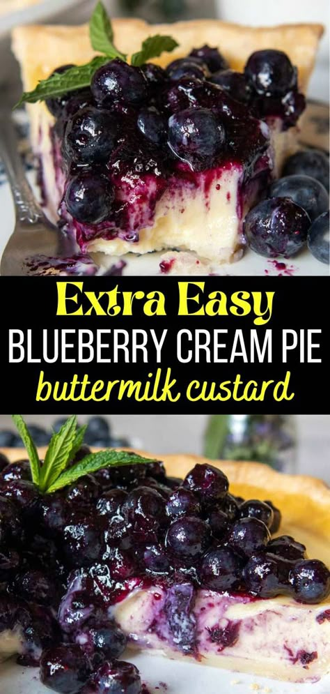 If you love the creamy combination of creamy custard with fresh fruit sauce topping, then this easy recipe for blueberry custard pie is for you! Simply fill a pie crust shell with a 5-minute buttermilk filling, bake, and top with an easy homemade blueberry sauce. Whether you are a seasoned baker or new to pie making, this well-tested recipe will take you through the process step-by-step! Blueberry Custard Pie Recipes, Blueberry Custard Bake, Magic Crust Custard Pie Recipe, Mama Gourmand, Berry Custard Pastry, Blueberry Lemon Custard Cake, Custard Pie With Fruit, Easy Blueberry Pie Recipe, Buttermilk Custard