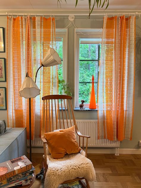 Upcycled Curtains, Scandinavian Curtain, 70s Curtains, Orange Curtain, 70’s Decor, Scandinavian Curtains, 60s Decor, Autumn Patterns, Interior Furniture Design