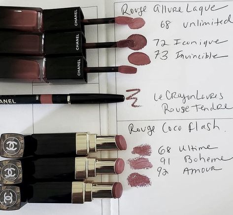 Chanel Lip Products, Chanel Lip Tint, Chanel Lipstick Aesthetic, Chanel Lipstick Swatches, Smokey Eyeshadow Looks, Chanel Lip Gloss, Expensive Champagne, Chanel Lip, Lip Combos