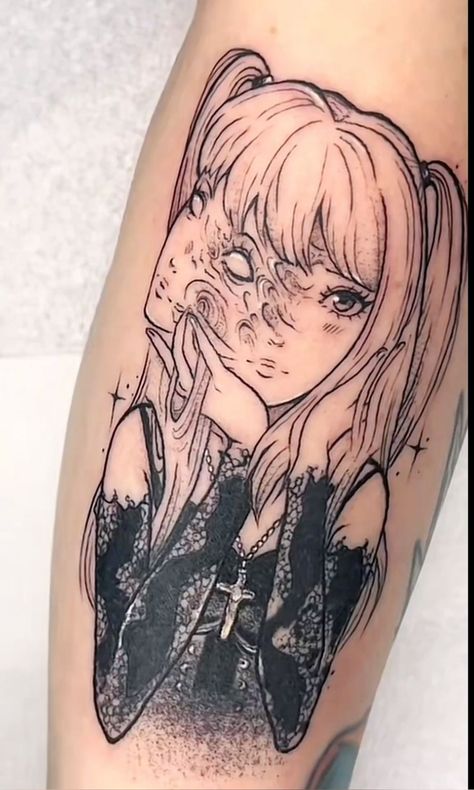 In "," two iconic characters from different realms of the anime universe come together in an imaginative blend of artistry. This captivating tattoo concept marries Misa's vibrant personality with Tomie's enigmatic allure, creating a stunning visual narrative that celebrates their distinct traits. Sternum Women’s Tattoo, Deathnote Tattoo Ideas, Misa Amane Drawing, Misa Amane Tattoo, Misa Drawing, Misa Tattoo, Tattoo Ideas Emo, Deathnote Tattoo, Tomie Tattoo