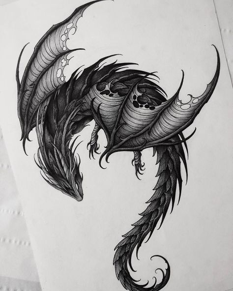 Black Dragon Tattoo Design, Goth Dragon Tattoo, Dragon Tattoo For Men Arm, Dragon And Skull Tattoo, Fairy Dragon Tattoo, Tattoo Dark Work, Black And Grey Dragon Tattoo, Gothic Dragon Tattoo, Dark Dragon Tattoo