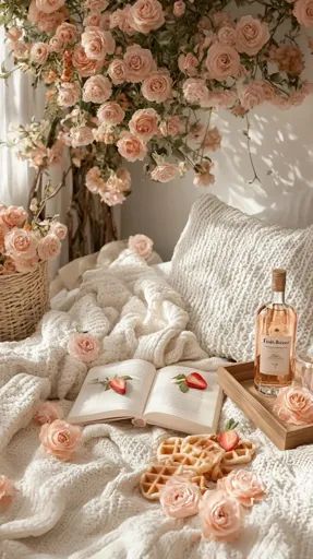 ↑↑↑ Larger size on website 🔸 A cozy, white knit blanket is adorned with delicate pink roses, waffles, and strawberries. An open b Cozy Pink Aesthetic, White Knit Blanket, Book Roses, Cozy Romantic, Book Rest, Large Bouquet, Brand Aesthetic, An Open Book, Lazy Afternoon