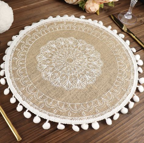 Quantity: 4 Table Placemats Material: Jute Color: Natural and White Style: Mandala Print w/ Beaded Edges Total Size: 15" Inner Diameter: 13" Edge Trim: 0.75" Thickness: 2mm Features: Non-slip, heat-resistant, anti-scalding, lightweight, durable & reusable Multi-purpose: Use as Kitchen Table Mats, Boho Wall Decor, Pot Holder, Charger Plates, and more! Embroidery Mandala, Rustic Placemats, Round Table Sizes, Cotton Placemats, Lace Placemats, White Mandala, Jute Fabric, Printing On Burlap, Tablecloth Sizes