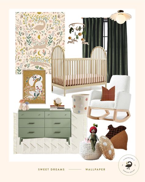 Home can provide a soft escape. A moment to drift away. A place to let our imaginations wander 💛 Creating room inspiration for my wallpaper designs is the 🍒 on top! It’s a way to tell the whole design story and hopefully inspires you to get creative with your spaces 🥰 Sweet dreams wallpaper available at @ayara.home #interiordesign #nurserydecor #nurserydesign #wallpaperwednesday Sweet Dreams Wallpaper, Nursery Moodboard, Dreams Wallpaper, The Wallpaper, Mood Board Design, Woodland Nursery, Nursery Design, I Wallpaper, Swans