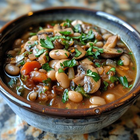 Earthy Mushroom and White Bean Stew Copycat Olive Garden Alfredo, White Bean Stew, Peach Daiquiri, Hearty Stew, Mushroom Stew, Winter Sets, Canned Mushrooms, Bean Stew, Hearty Stews