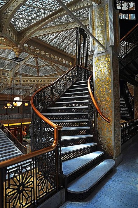 Staircase Art, Building Lobby, Beautiful Stairs, Chicago Design, Interesting Architecture, Stair Case, Chicago Architecture, Level Design, Art Deco Architecture