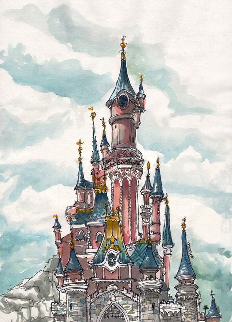 A sketch of the castle in Disneyland Paris, drawn while waiting for the fireworks show www.facebook.com/photo.php?fbi… and watercoloured at home much later on. *edited the file to clean up p... Disney Castle Drawing, Castle Concept, Castle Sketch, Chateau Disney, Disneyland Paris Castle, Tattoo Disney, Castle Illustration, Castle Drawing, Castle Painting