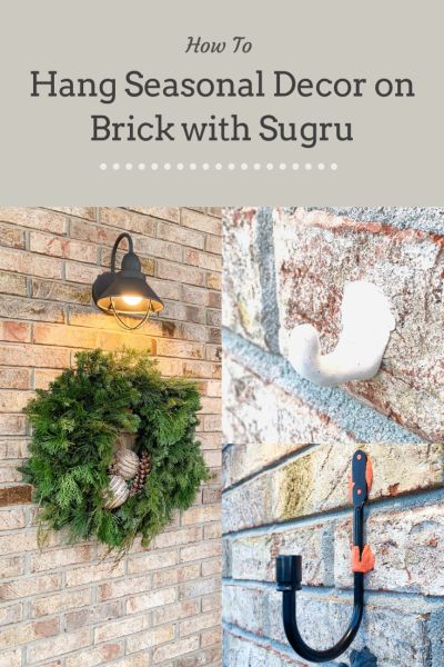 Fireplace Hanging Decor, Hanging Wreath On Stone Fireplace, How To Hang Decor On Brick Wall, How To Hang Garland On Brick House, How To Hang Things On Brick, Exterior House Decor Hanging, Hanging Garland On Brick, How To Attach Garland To Brick, How To Hang On Brick Wall