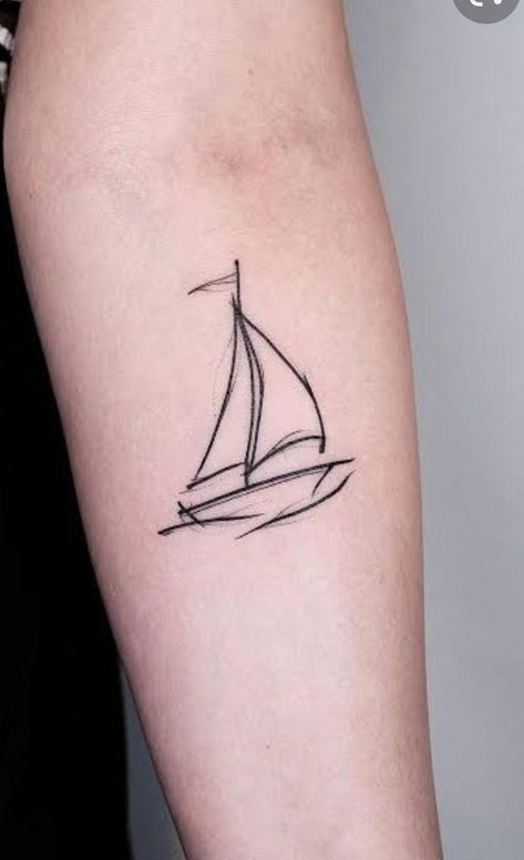 Feminine Boat Tattoo, Small Sailing Tattoo, Sailboat Sketch Tattoo, Cute Boat Tattoo, Minimal Boat Tattoo, Sailing Tattoo Ideas, Sailing Boat Tattoo Simple, Minimalist Ship Tattoo, Simple Ship Tattoo