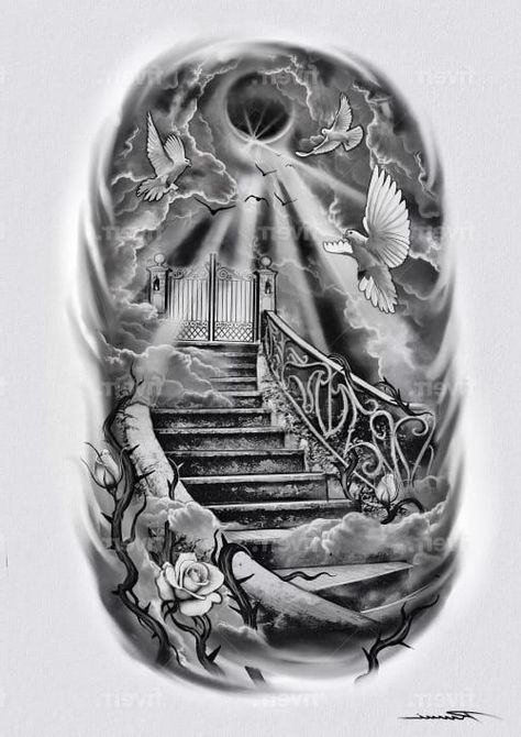 Heaven Tattoos For Men, Stairwell To Heaven Tattoo, Heaven And Earth Tattoo, Heaven Gates Sleeve Tattoo, Stair Case To Heaven Tattoo, Stairway To Heaven Tattoo Shoulder, Stairway To Heaven Tattoo Sleeve, Staircase To Heaven Tattoo, Heaven And Hell Tattoo