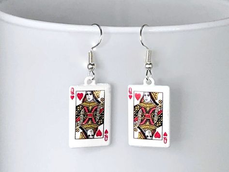 QUEEN OF HEARTS earrings enamel playing card gamer lucky | Etsy Queen Of Hearts Halloween Costume, Queen Of Hearts Halloween, Card Earrings, White Tissue Paper, Hearts Earrings, The Queen Of Hearts, Playing Card Games, Easy Handmade, Quirky Earrings