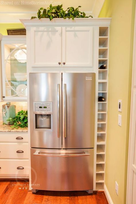 WINE NEXT TO THE REFRIGERATOR!! ours would remain about that empty as well. Kitchen Built Ins, White Cupboards, Built In Wine Rack, Kitchen Remodel Idea, Wine Storage, Built Ins, Dream Kitchen, Kitchen Renovation, A Kitchen