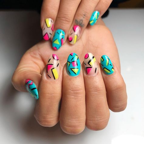 Nail Designs 80s, Lisa Frank Inspired Acrylic Nails, 90s Cup Nails, Neon 80s Nails, 1980s Nail Trends, 80s Style Nails, 1980 Nails, 80s Themed Nails, Mtv Nails