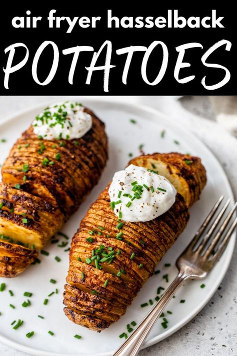 These 35-minute Air Fryer Hasselback Potatoes taste as good as they look! Seasoned with melted butter and simple herbs and spices, the mouthwatering flavors are always crowd-pleasing while the crispy skin leaves you wanting more. Sweet Potato Hasselback, Potato Hasselback, Air Fryer Hasselback Potatoes, Maple Butter Recipe, Hasselback Sweet Potatoes, Vegetarian Recipes For Beginners, Pesto Potatoes, Autumn Side Dishes, Maple Butter