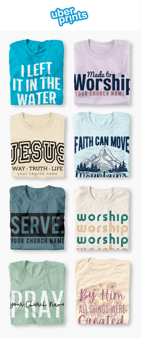 an image of 8 folded shirts, each showing a different custom shirt design. Youth Group Tshirt Ideas, Church Shirt Designs, Church Tshirts, T Shirt Fundraiser, Youth Work, T Shirt Design Ideas, Church Youth, Kids Ministry, Church Shirt