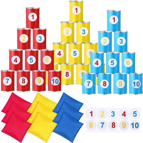 PRICES MAY VARY. Package Content: the carnival games set includes 30 tin cans, sized at 6.5x10 cm; These cans are in red, yellow, and blue colors, 10 pcs for each color; Also there are 9 bean bags in 3 colors: red, yellow, and blue, each bean bag for tossing measures 10x6.5 cm; Additionally, we gives a sticker which printed numbers from 1-10; Tip: there are no numbers printed on the jar; If you want, you can paste the numbers on the jar yourself, or you can have fun without putting the numbers o Math Carnival, Bean Bag Game, Carnival Games For Kids, Bean Bag Games, Bean Bag Toys, Carnival Crafts, Price Is Right Games, Kids Carnival, Bean Bag Toss Game