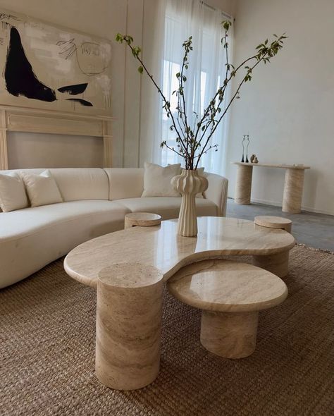 Blend West Coast and Mediterranean Styles for a Relaxed, Laidback Aesthetic Coral Coffee Table, Travertine Coffee Table Living Room, Stone Coffee Table Living Room, Travertine Furniture, Curved Coffee Table, Marble Coffee Table Living Room, Travertine Side Table, Coffee Table Marble, Round Furniture