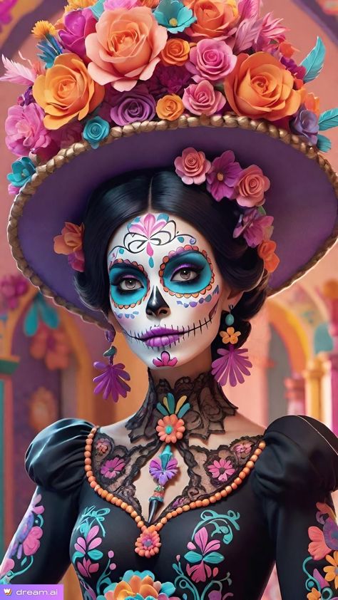 Catrina Make Up Ideas, Mexican Sugar Skull Art Beautiful, Makijaż Sugar Skull, Catrina Costume, Halloween Makeup Sugar Skull, Dead Costume, Sugar Skull Costume, Halloweenský Makeup, Day Of The Dead Halloween