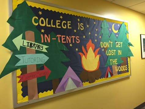 College is in-tents..don't get lost in the woods bulletin. New semester bulletin board RA College Hallway Decorations, Tent Bulletin Board, Big Bulletin Board Ideas, Ra Hallway Themes, Ra Decorations Hallways, Ra Floor Themes, Camping Bulletin Boards, Residence Life Bulletin Boards, Ra College