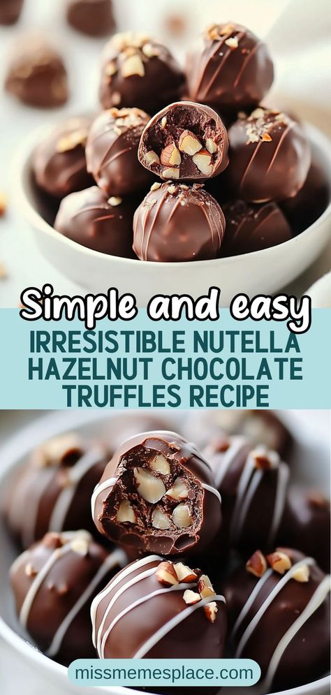 Dive into decadence with these irresistible Nutella Hazelnut Chocolate Truffles! Combining rich chocolate with creamy hazelnut goodness, each bite delivers an explosion of flavor that melts in your mouth. Perfect for special occasions or a sweet treat at home, our easy recipe guides you through creating these delightful truffles from start to finish. Customize them with your favorite toppings like crushed nuts or cocoa powder for an added twist. Get ready to impress your friends and family! Hazelnut Truffles, Nutella Truffles, Chocolate Truffles Recipe, Homemade Chocolates, Truffles Recipe, Hazelnut Chocolate, Truffle Recipe Chocolate, Truffle Recipe, Wine Desserts