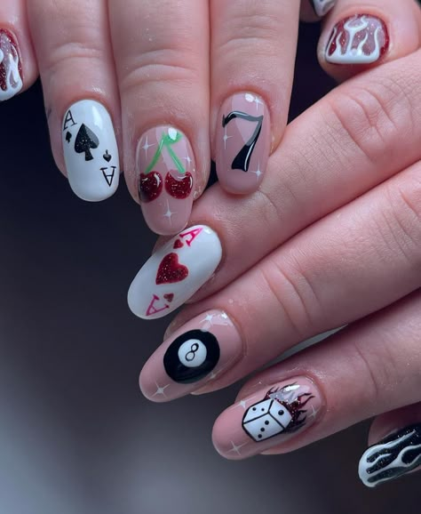 Popular Nail Ideas Almond, Board Game Nail Art, Playing Cards Nail Design, Casino Theme Nails Las Vegas, Nfr Nails Ideas, Nail Ideas Funky, Nails For Bachelorette, Board Game Nails, Ace Card Nails