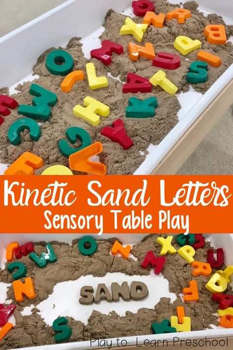 Bring a piece of the beach into the classroom with these Kinetic Sand Letter Molds. They're perfect for literacy learning in the sensory table. Sensory Table Preschool, Sand Activities, Ece Activities, Letter Activity, Toddler Sensory Bins, Sensory Table Ideas, Flisat Table, Sensory Tables, Table Activities