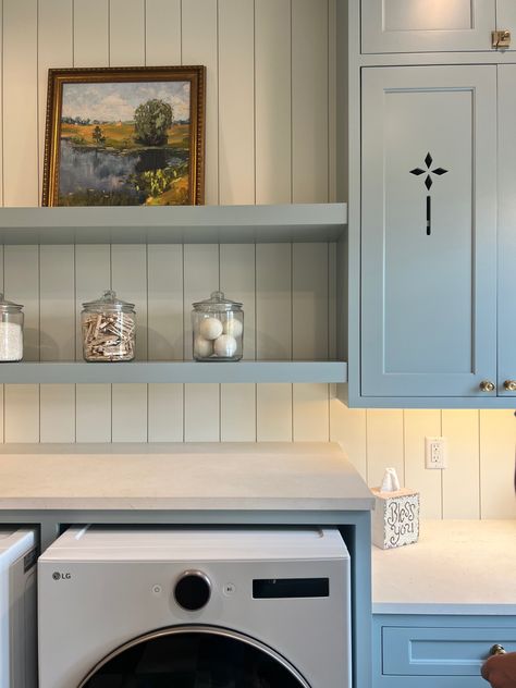 Laundry room design. Laundry room interiors. Interior design. Blue cabinets. Coastal design. Powder Blue Laundry Room, Baby Blue Laundry Room, Blue Cabinets Laundry Room, Light Blue Laundry Room, Wolf Inspiration, Laundry Room Inspo, Blue Laundry Room, Interior Design Blue, Complete House Renovation