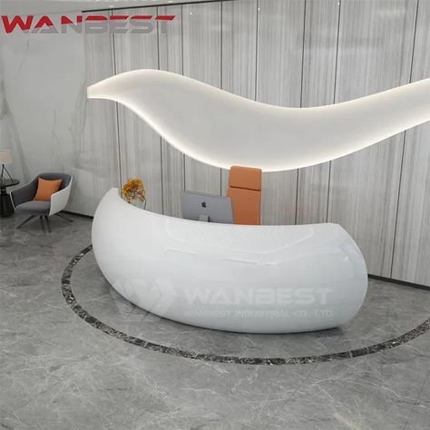 White Elliptical Reception Desk with Curved Design Curved Reception Desk Design, Sculptural Reception Desk, Oval Reception Desk, Circle Reception Desk, Rounded Reception Desk Design, Circular Reception Desk Design, Curved Reception Desk, Reception Desk Design, Contemporary Desk