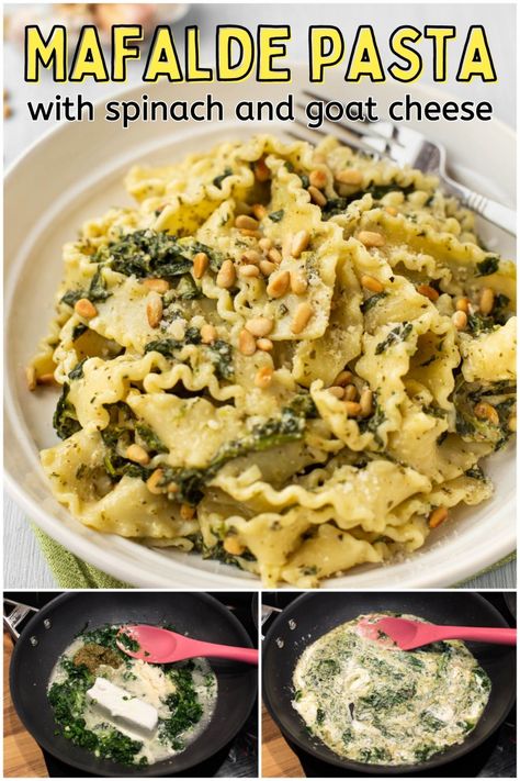 Mafalde Pasta with Spinach and Goat Cheese - Easy Cheesy Vegetarian Goat Cheese Sauce, Spinach And Goat Cheese, Creamy Vegan Pasta, Pasta With Spinach, Quick Pasta Recipes, Vegetarian Italian, Creamy Mushroom Soup, Creamy Pasta Recipes, Pasta Noodle Recipe