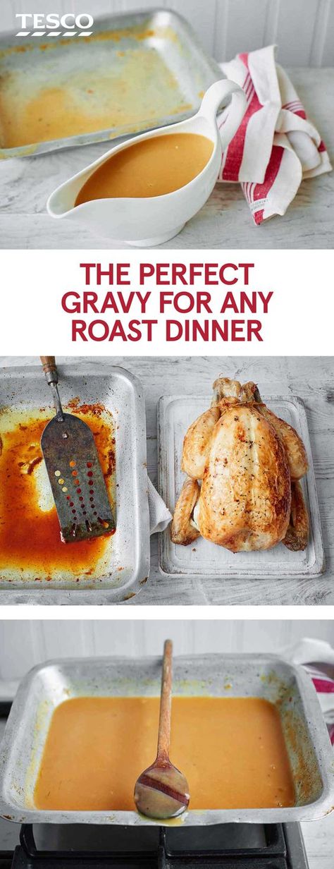 Master the art of homemade gravy with our easy recipe - it's perfect for any Sunday roast, from chicken through to beef, pork and lamb. | Tesco Breakfast Casserole With Gravy, Roast Dinner Recipes, Roast Gravy, Easy Gravy Recipe, Roast Chicken And Gravy, How To Make Gravy, Tesco Real Food, Homemade Gravy, Chicken Gravy