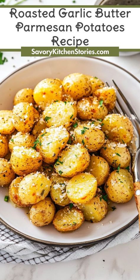 Looking for the perfect side dish to elevate your steak dinner? Roasted Garlic Butter Parmesan Potatoes bring rich flavors and a creamy texture that pairs beautifully with any cut of meat. Save this recipe for an unforgettable dining experience that will impress your guests and elevate your meal! Sides To Pair With Steak, Fancy Steak Dinner Ideas Sides, Good Steak Sides, Potatoes For Steak Dinner, Good Side Dishes For Steak, Steak And Sides Dishes, Parsley Buttered Potatoes, Potatoes With Steak Side Dishes, Potatoes To Go With Steak