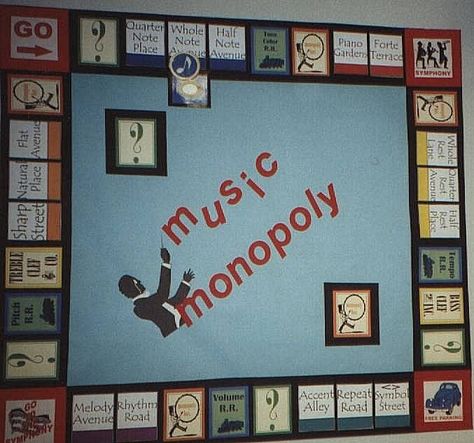 Music Monopoly                                                                                                                                                     More Music Bulletin Board, Music Bulletin Boards, Music Classroom Decor, Elementary Music Class, Middle School Music, Elementary Music Lessons, Elementary Music Education, Music Curriculum, Music Lesson Plans