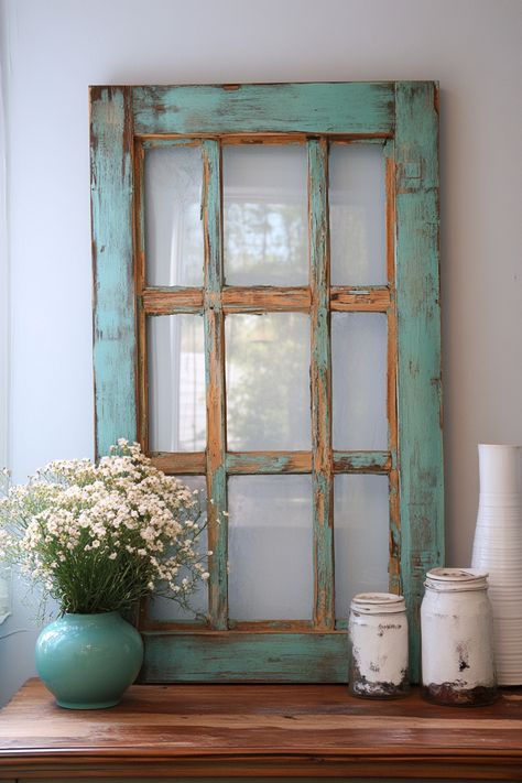 "Give old windows new life with DIY Upcycled Window Frame Wall Art! ♻️🖼️ This creative project adds vintage charm to your walls, making it a unique focal point in any room. Perfect for a rustic or farmhouse style! 🌟🏡 #UpcycledDecor #VintageCharm #DIYWallArt" Old Window Craft Ideas, Diy Old Window Projects, Diy Old Windows, Vintage Frames Diy, Antique Windows Repurposed, Window Pane Crafts, Rustic Windows, Window Frame Wall Decor, Window Picture Frame