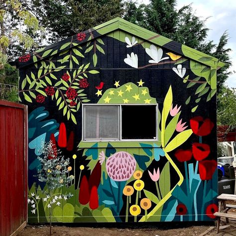 MURALS — Lettie Jane Makes House Exterior Mural, Garden Wall Paint, Backyard Mural Ideas, Shed Mural, Outdoor Mural Ideas, Patio Mural, Shed Painting, Barn Mural, Backyard Mural