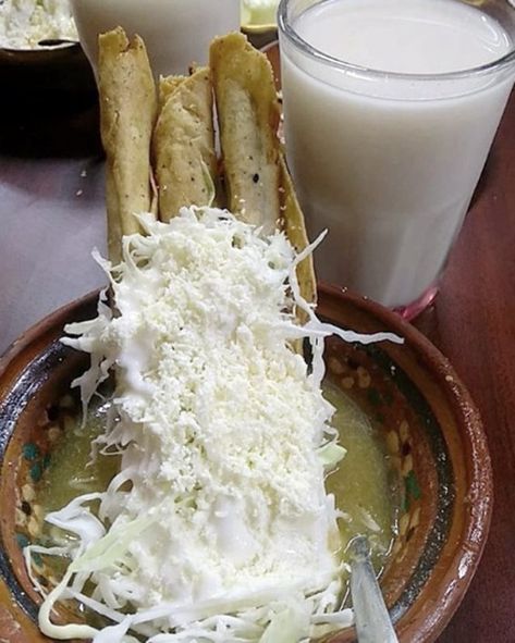 Tacos Dorados, Salsa Verde, Glass Of Milk, Tacos, Milk, Pasta, Snacks, Drinks